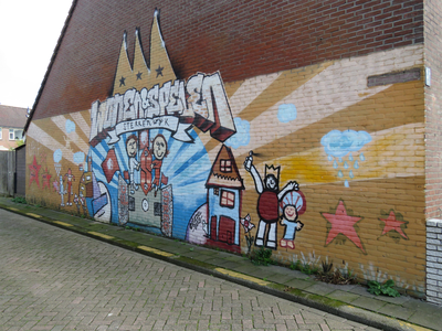 829770 Gezicht op de muurschildering 'Wonen & Spelen Sterrenwijk', gemaakt door kinderen uit de wijk, in de toegang van ...